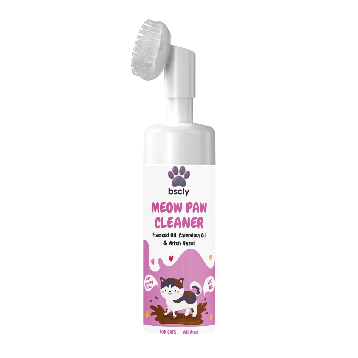 BSCLY Meow Paw Cleaner 150ml foaming cat paw cleaner with built-in brush – flaxseed oil, calendula, witch hazel