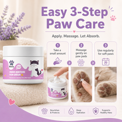 Easy 3-step paw care – take a small amount, massage gently on paw pads, use regularly for soft paws